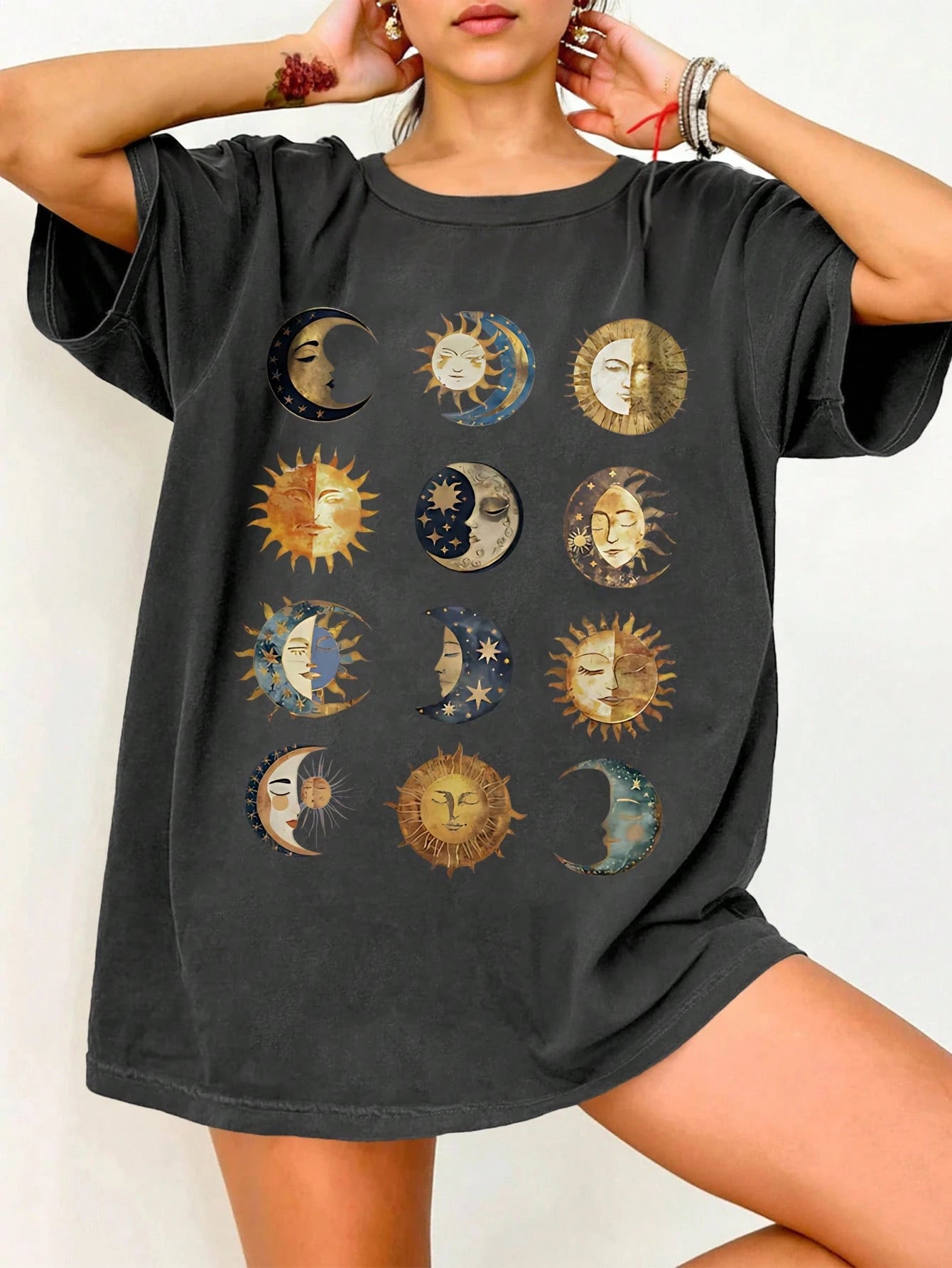 EMERY ROSE Plus Size Women's Star,Moon And Sun Print Oversized Tee Shirts Pink And Grey,Summer,Casual,Everyday Loose Fit Mid-Length Round Neck Graphic T-Shirt