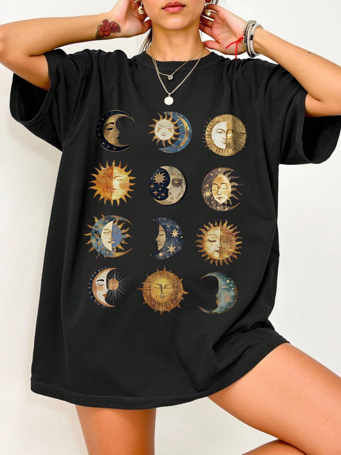 EMERY ROSE Plus Size Women's Star,Moon And Sun Print Oversized Tee Shirts Pink And Grey,Summer,Casual,Everyday Loose Fit Mid-Length Round Neck Graphic T-Shirt