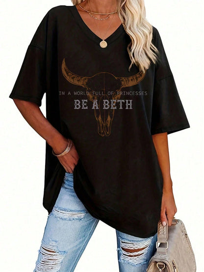 EMERY ROSE Polyester Knit "Be A Beth" Women's Casual Western T-Shirt, Regular Length, All-Season Comfort V-Neck T-Shirt