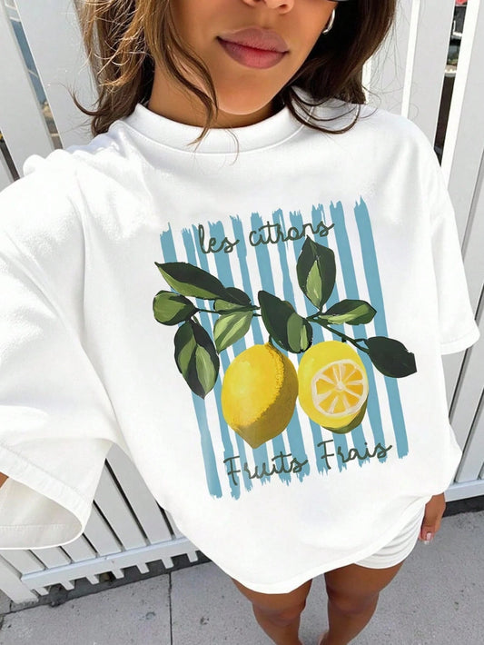 EMERY ROSE Round Neck Short Sleeved T-Shirt With Slogan And Lemon Pattern In Spring And Summer