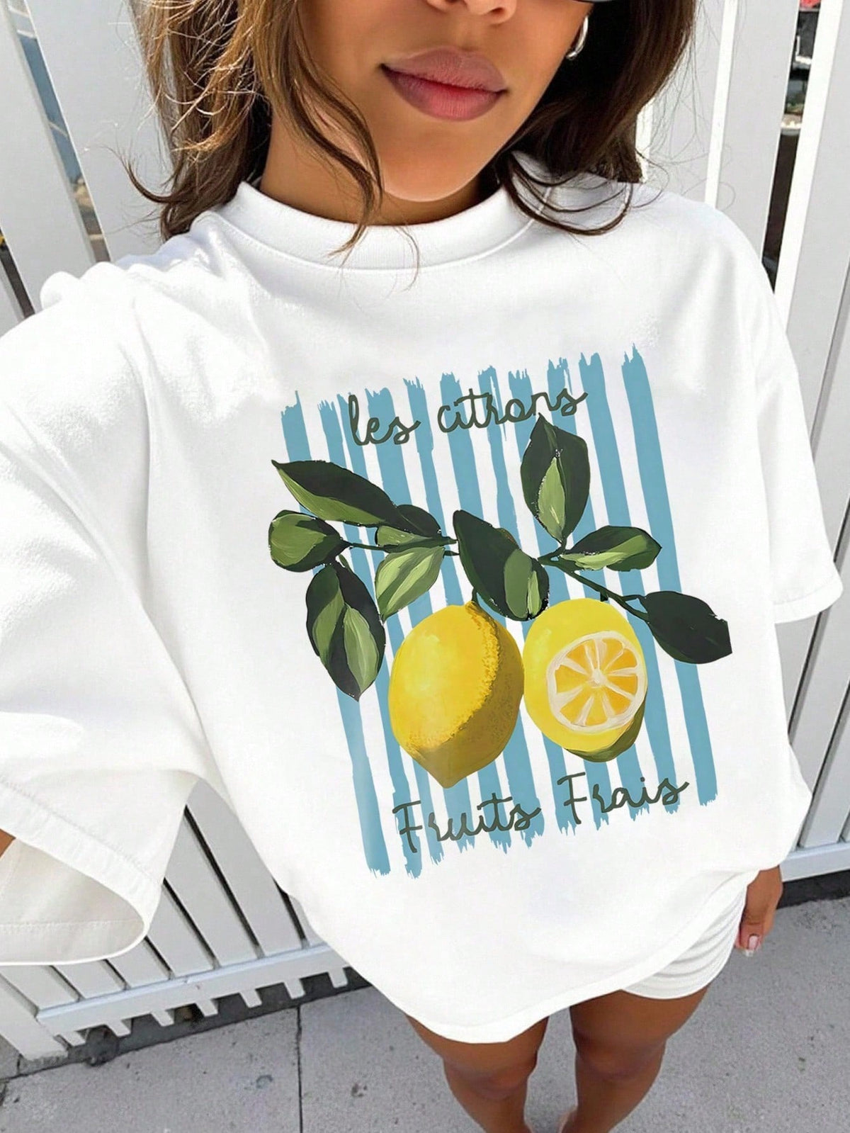 EMERY ROSE Round Neck Short Sleeved T-Shirt With Slogan And Lemon Pattern In Spring And Summer