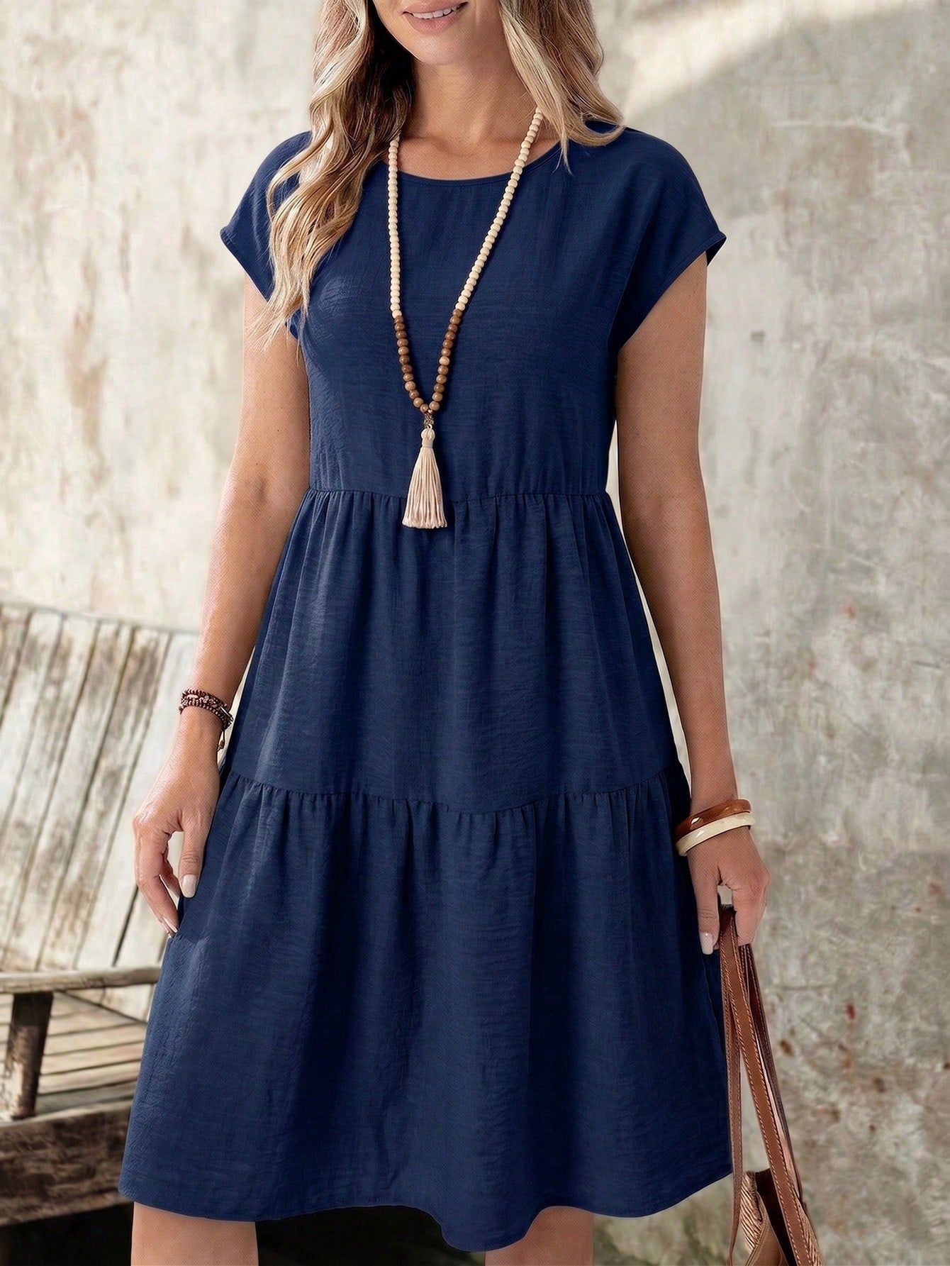 EMERY ROSE Spring/Summer Casual Linen-Like Green Short Sleeve Round Neck Mid-Length Dress For Women