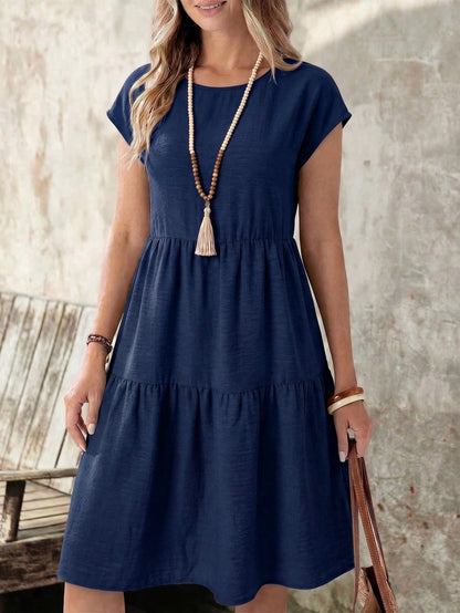 EMERY ROSE Spring/Summer Casual Linen-Like Green Short Sleeve Round Neck Mid-Length Dress For Women