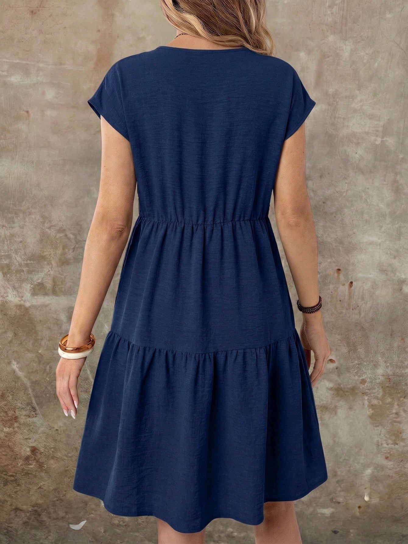 EMERY ROSE Spring/Summer Casual Linen-Like Green Short Sleeve Round Neck Mid-Length Dress For Women