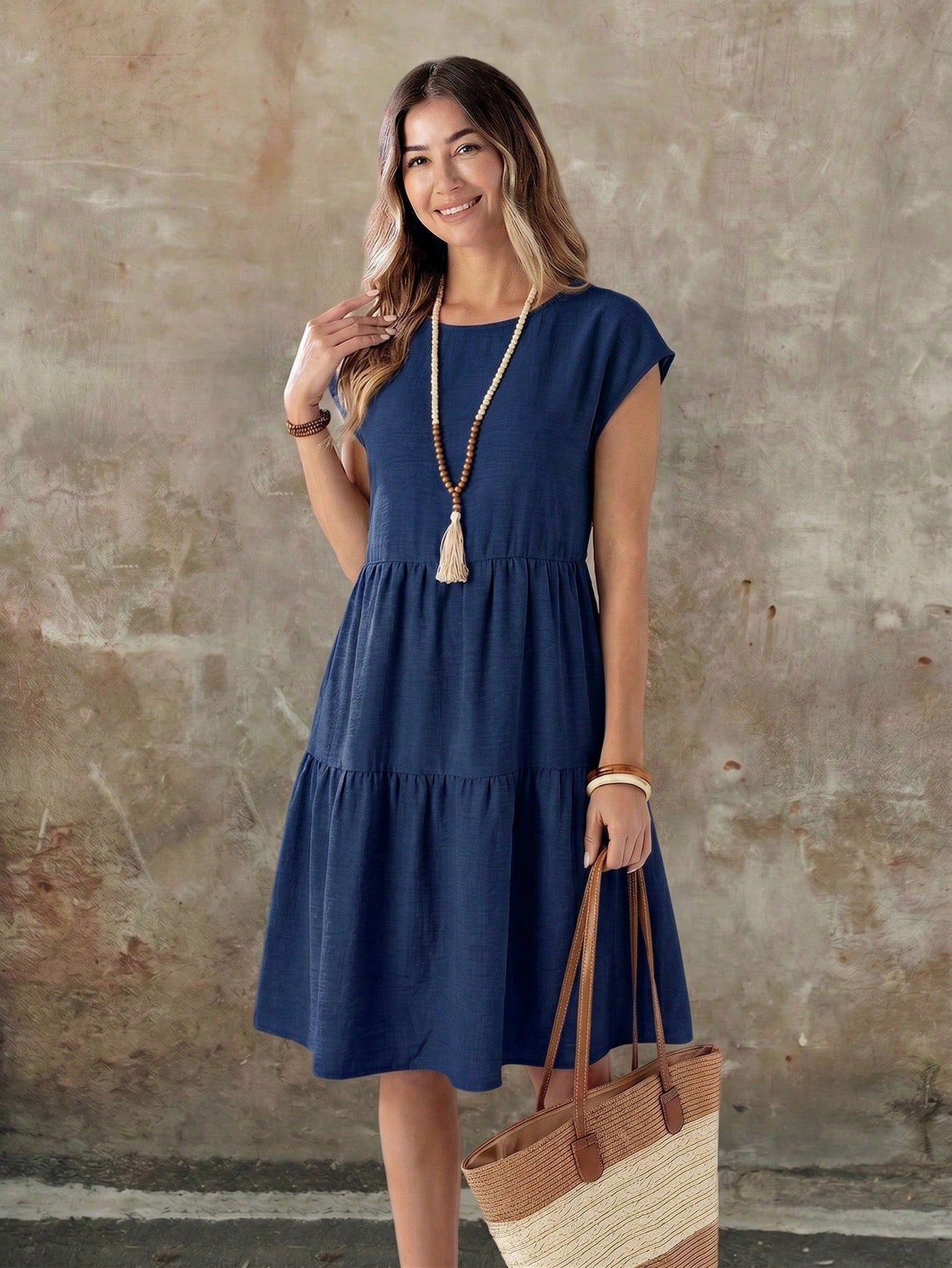 EMERY ROSE Spring/Summer Casual Linen-Like Green Short Sleeve Round Neck Mid-Length Dress For Women