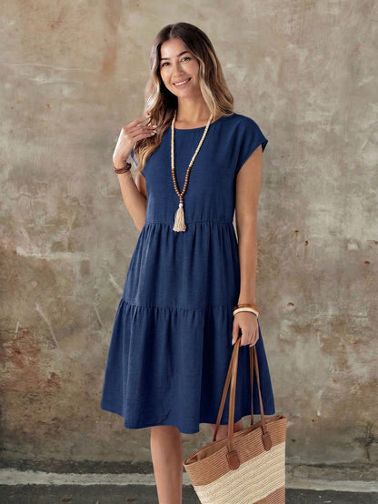 EMERY ROSE Spring/Summer Casual Linen-Like Green Short Sleeve Round Neck Mid-Length Dress For Women