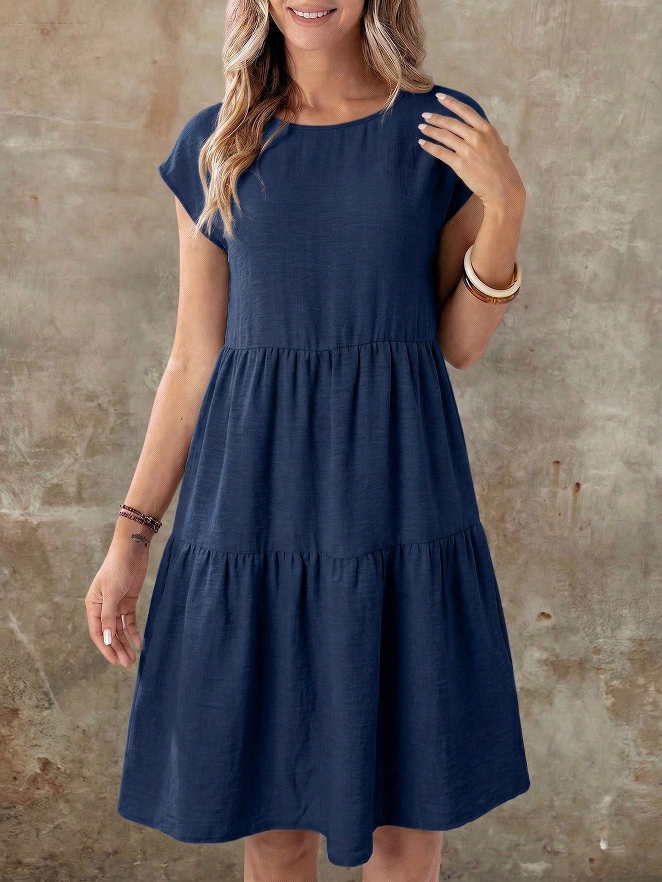EMERY ROSE Spring/Summer Casual Linen-Like Green Short Sleeve Round Neck Mid-Length Dress For Women