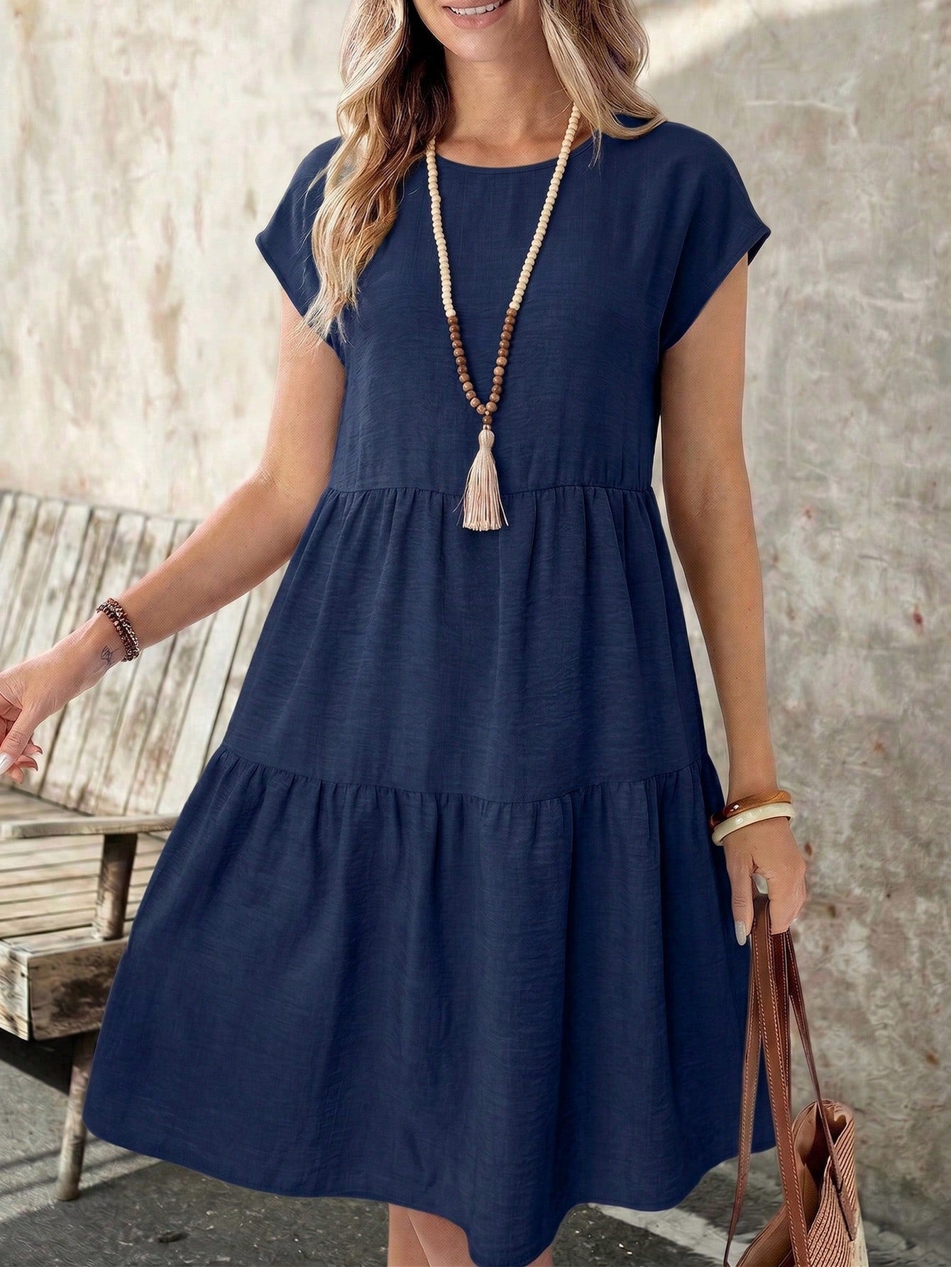 EMERY ROSE Spring/Summer Casual Linen-Like Green Short Sleeve Round Neck Mid-Length Dress For Women