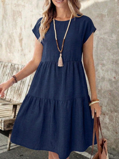 EMERY ROSE Spring/Summer Casual Linen-Like Green Short Sleeve Round Neck Mid-Length Dress For Women
