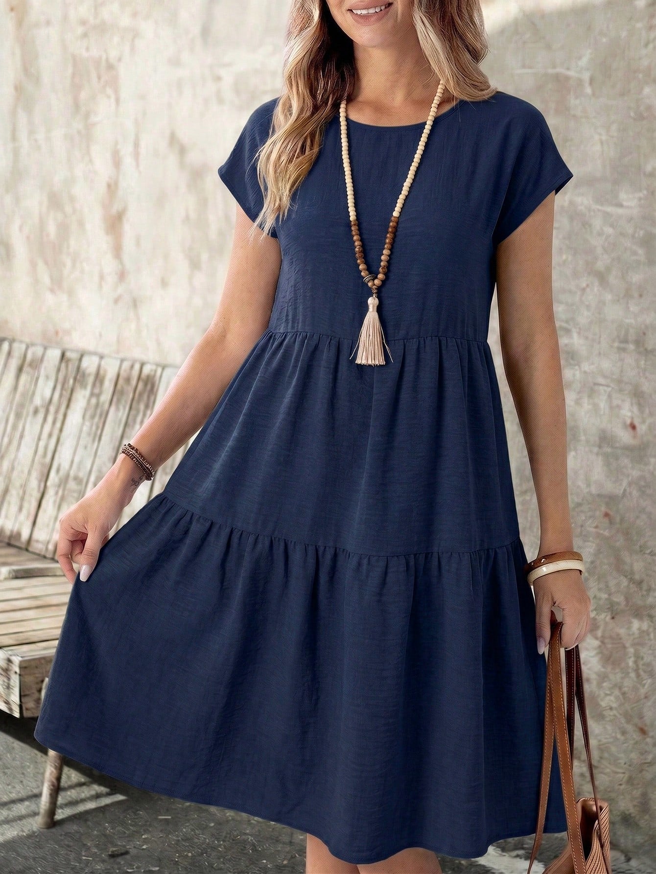 EMERY ROSE Spring/Summer Casual Linen-Like Green Short Sleeve Round Neck Mid-Length Dress For Women