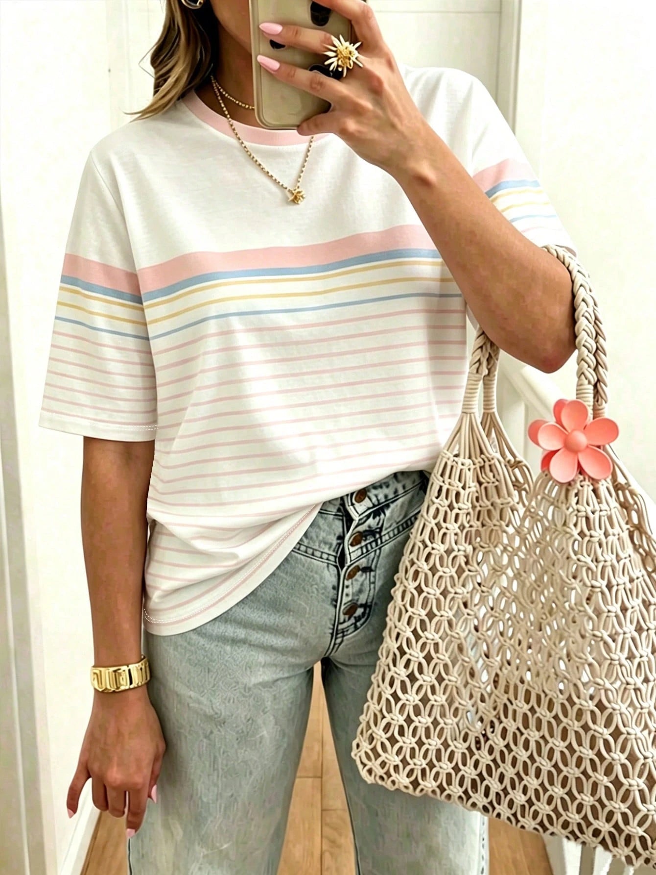 EMERY ROSE Striped Crew Neck Casual Short-Sleeved T-Shirt, Plus Size Women's T-Shirt, Summer.