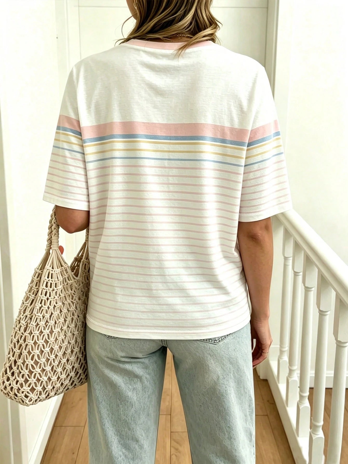 EMERY ROSE Striped Crew Neck Casual Short-Sleeved T-Shirt, Plus Size Women's T-Shirt, Summer.