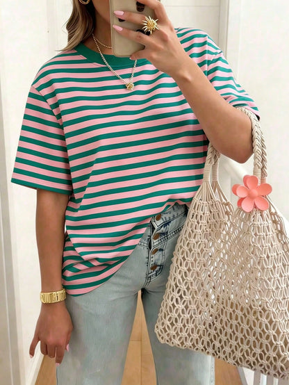EMERY ROSE Striped Crew Neck Casual Short-Sleeved T-Shirt, Plus Size Women's T-Shirt, Summer.