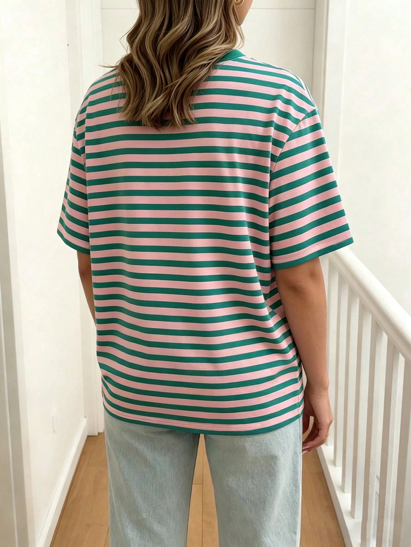 EMERY ROSE Striped Crew Neck Casual Short-Sleeved T-Shirt, Plus Size Women's T-Shirt, Summer.