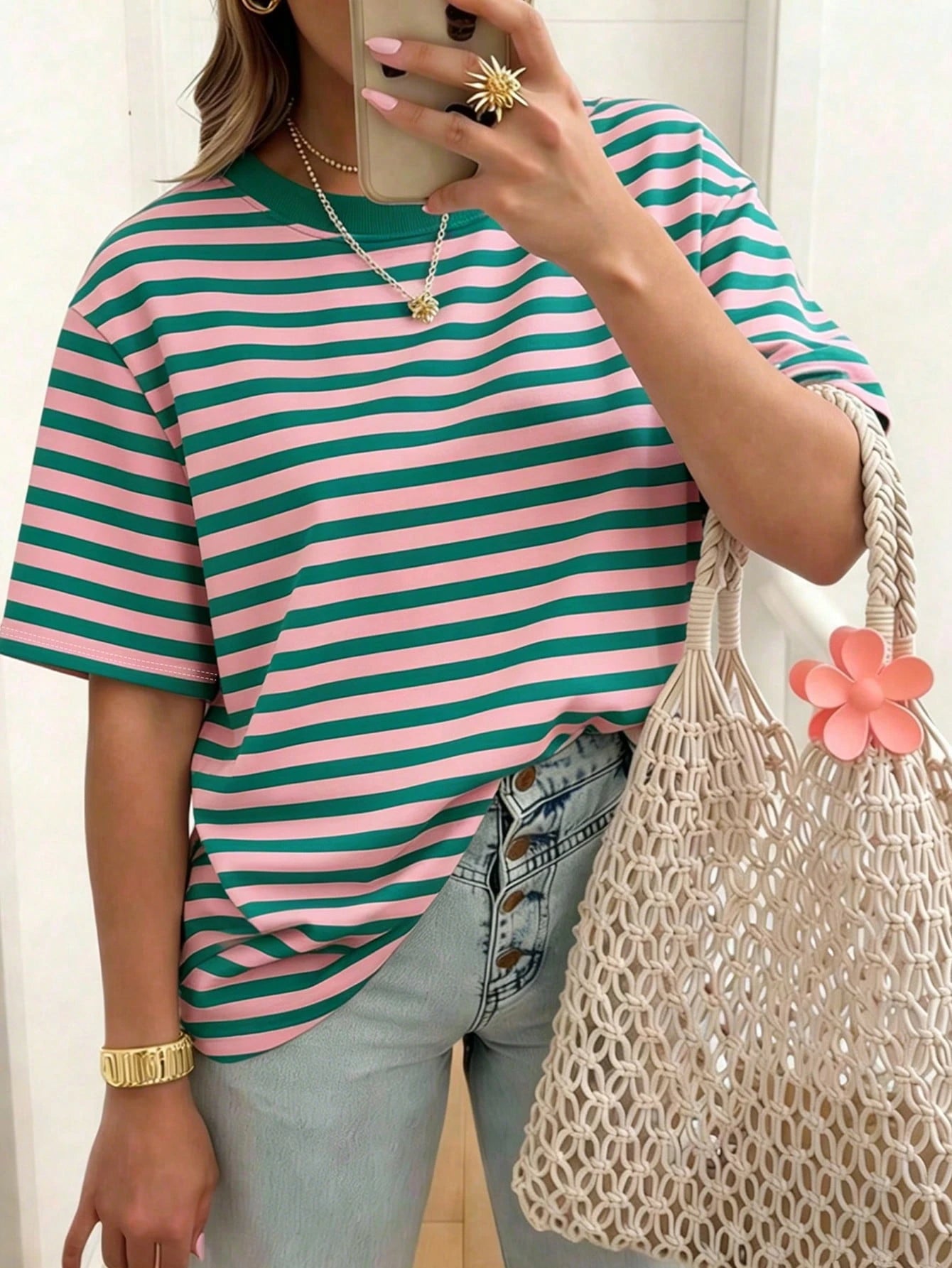 EMERY ROSE Striped Crew Neck Casual Short-Sleeved T-Shirt, Plus Size Women's T-Shirt, Summer.