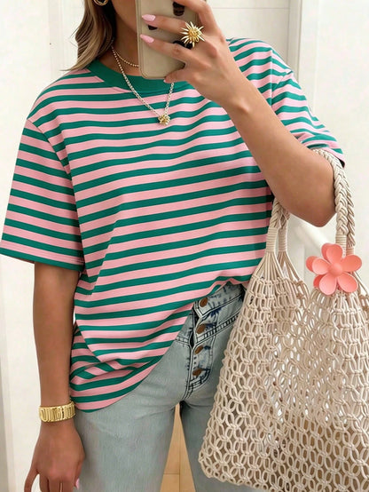 EMERY ROSE Striped Crew Neck Casual Short-Sleeved T-Shirt, Plus Size Women's T-Shirt, Summer.