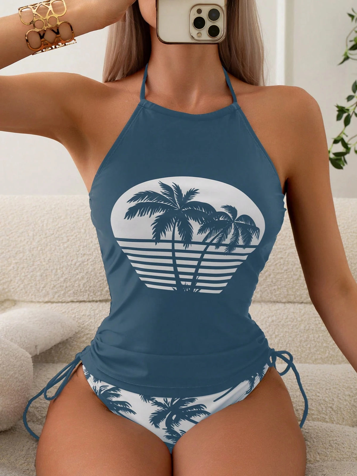 EMERY ROSE Summer Beach Tropical Print Drawstring Side Halter Tankini Vacation