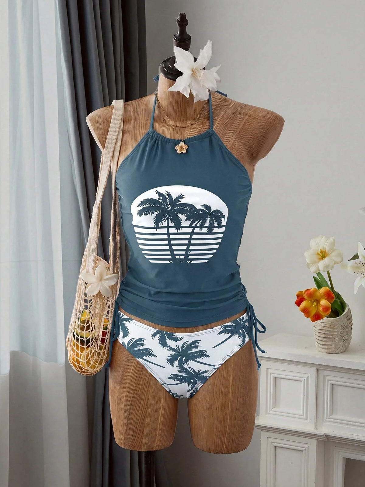 EMERY ROSE Summer Beach Tropical Print Drawstring Side Halter Tankini Vacation