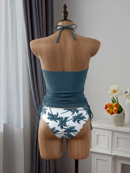 EMERY ROSE Summer Beach Tropical Print Drawstring Side Halter Tankini Vacation
