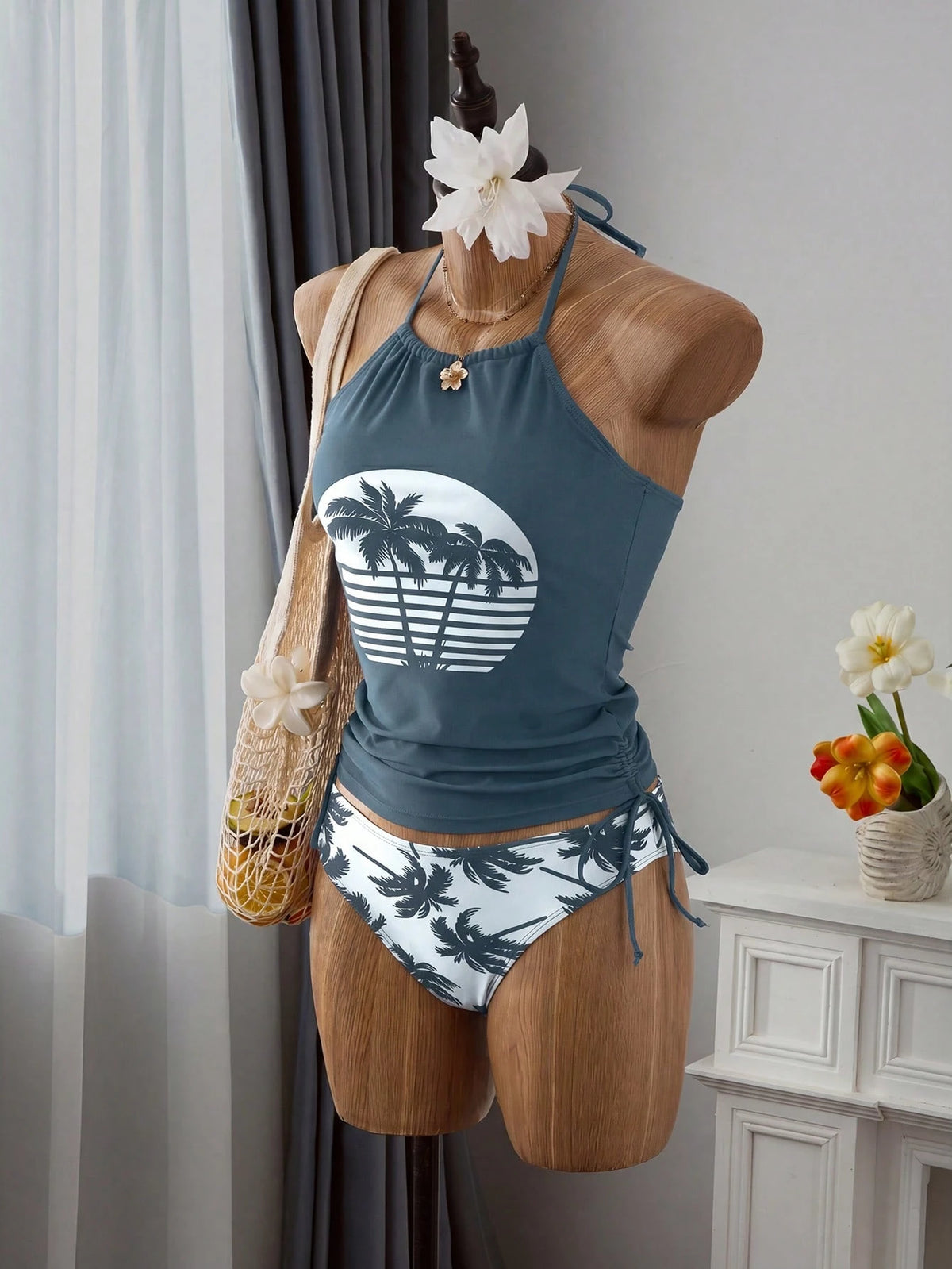 EMERY ROSE Summer Beach Tropical Print Drawstring Side Halter Tankini Vacation