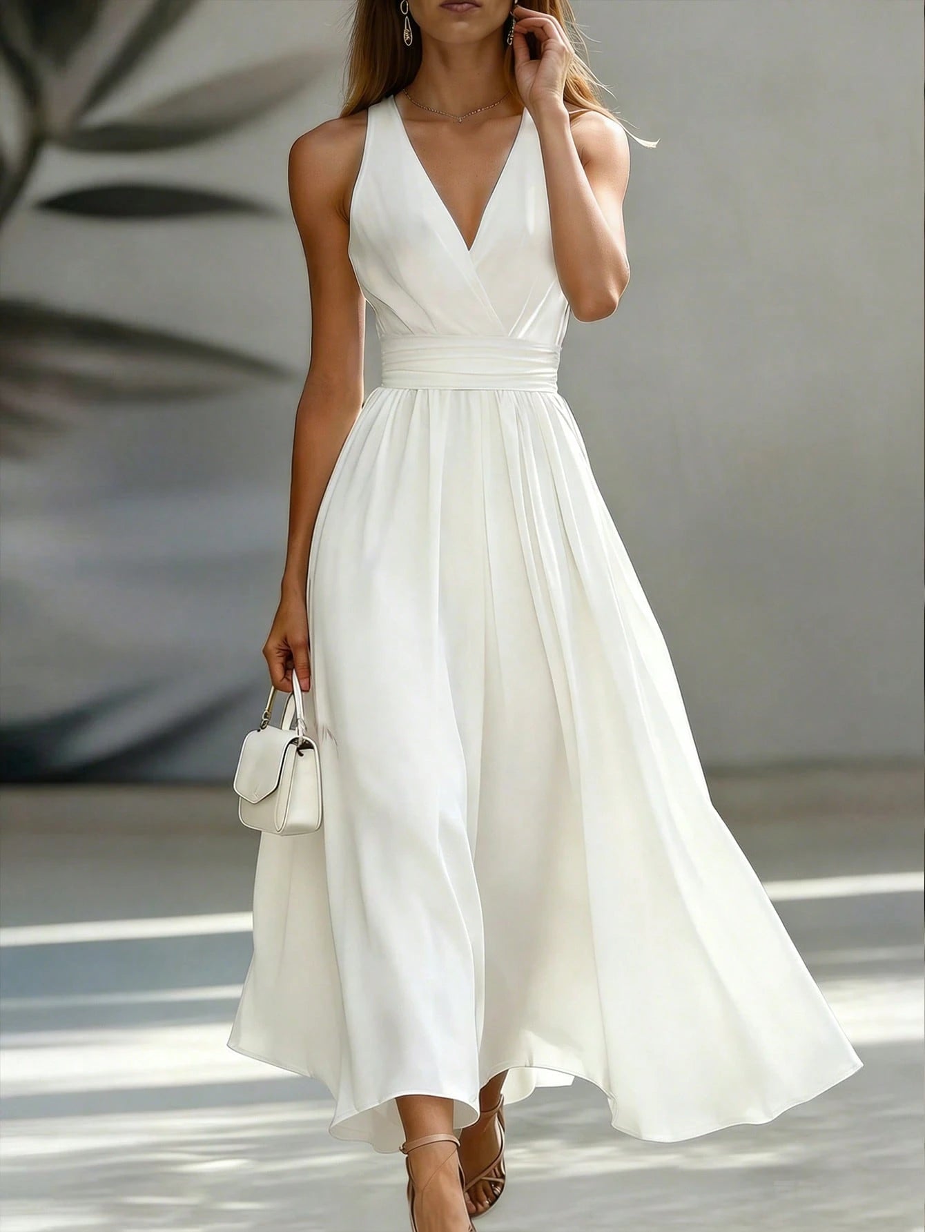 EMERY ROSE Waist-Cinching Slimming High-End French Commuter Vintage Sleeveless Vacation Elegant A-Line Full Skirt Vintage Women's Midi Dress