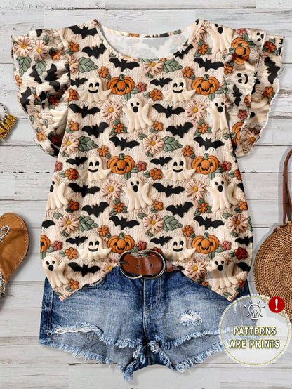 EMERY ROSE Women's Plus Size Beige Halloween Cute Ghost Bat Pumpkin Print Shirt,Summer Family Matching Round Neck Double Layer Flying Sleeve Loose Casual Tops