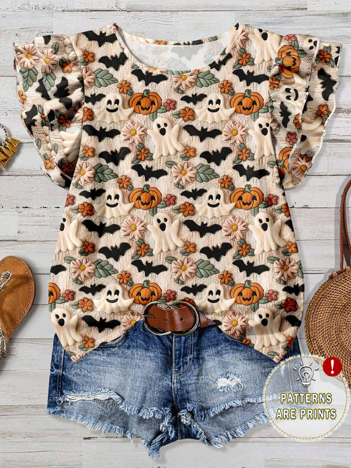 EMERY ROSE Women's Plus Size Beige Halloween Cute Ghost Bat Pumpkin Print Shirt,Summer Family Matching Round Neck Double Layer Flying Sleeve Loose Casual Tops