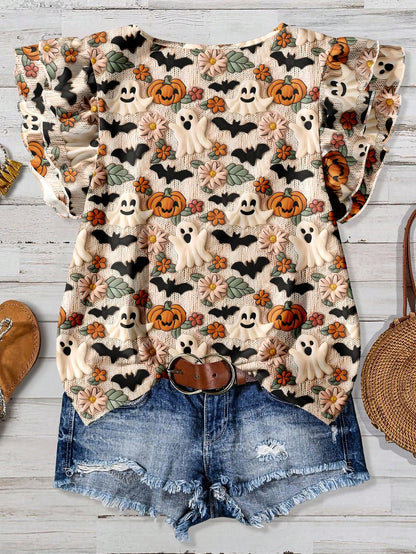 EMERY ROSE Women's Plus Size Beige Halloween Cute Ghost Bat Pumpkin Print Shirt,Summer Family Matching Round Neck Double Layer Flying Sleeve Loose Casual Tops