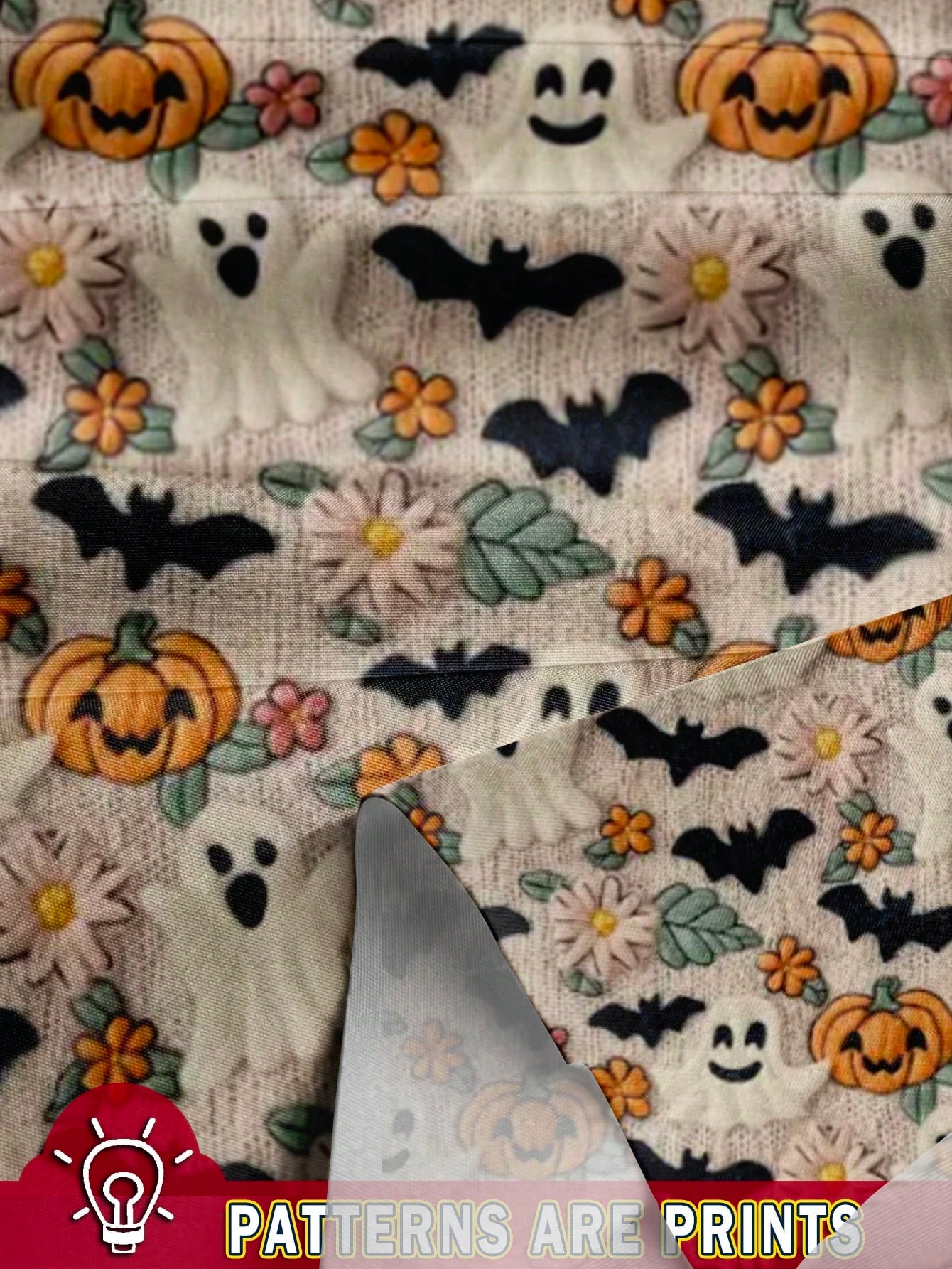 EMERY ROSE Women's Plus Size Beige Halloween Cute Ghost Bat Pumpkin Print Shirt,Summer Family Matching Round Neck Double Layer Flying Sleeve Loose Casual Tops