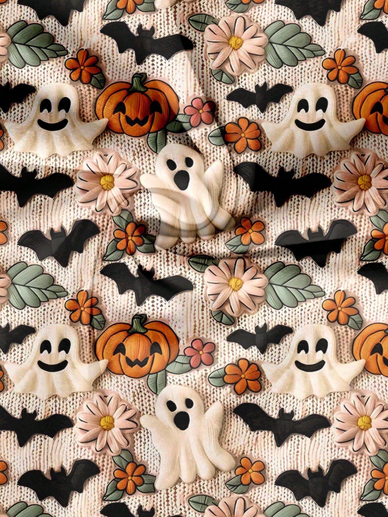 EMERY ROSE Women's Plus Size Beige Halloween Cute Ghost Bat Pumpkin Print Shirt,Summer Family Matching Round Neck Double Layer Flying Sleeve Loose Casual Tops