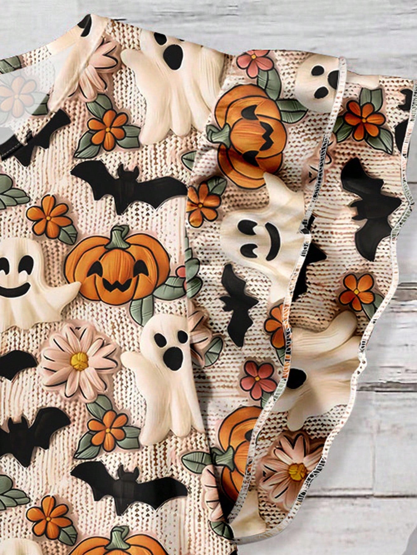 EMERY ROSE Women's Plus Size Beige Halloween Cute Ghost Bat Pumpkin Print Shirt,Summer Family Matching Round Neck Double Layer Flying Sleeve Loose Casual Tops
