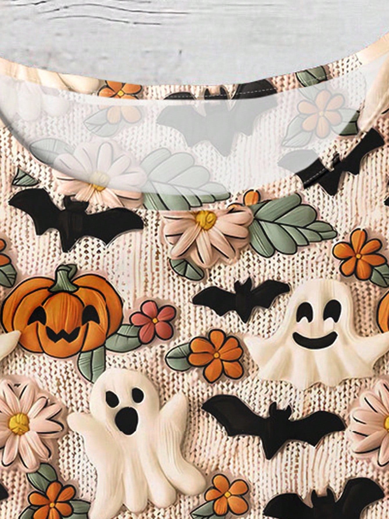 EMERY ROSE Women's Plus Size Beige Halloween Cute Ghost Bat Pumpkin Print Shirt,Summer Family Matching Round Neck Double Layer Flying Sleeve Loose Casual Tops