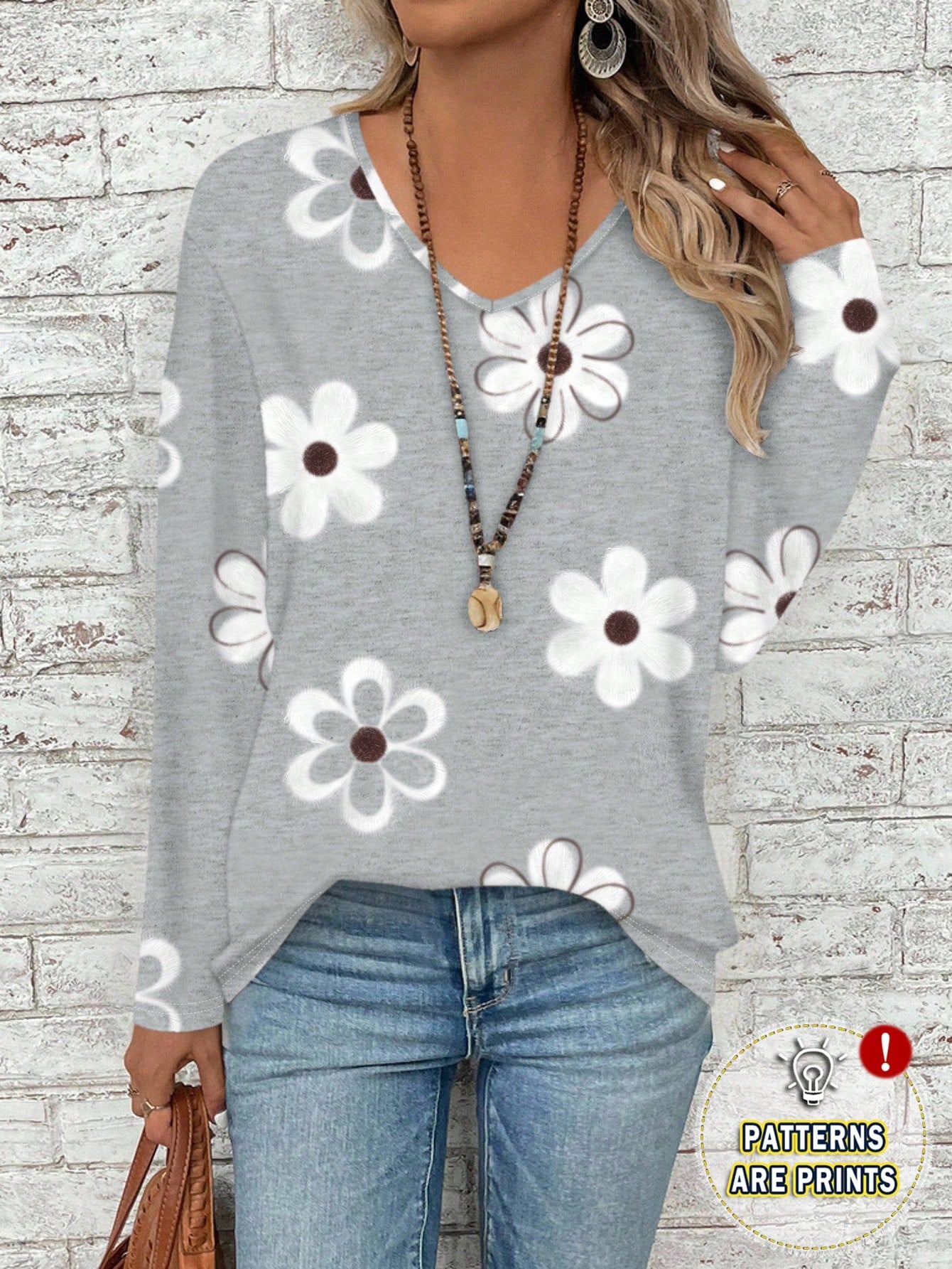EMERY ROSE Women's Plus Size Gray V-Neck Long Sleeve T-Shirt,Floral Print Flowy Loose Fit Everyday Smart Casual,White Flower Autumn Vacation Valentine's Day Gift