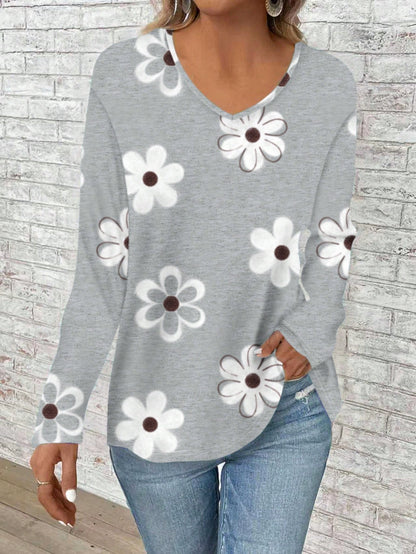 EMERY ROSE Women's Plus Size Gray V-Neck Long Sleeve T-Shirt,Floral Print Flowy Loose Fit Everyday Smart Casual,White Flower Autumn Vacation Valentine's Day Gift