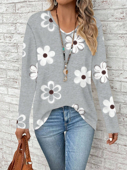 EMERY ROSE Women's Plus Size Gray V-Neck Long Sleeve T-Shirt,Floral Print Flowy Loose Fit Everyday Smart Casual,White Flower Autumn Vacation Valentine's Day Gift