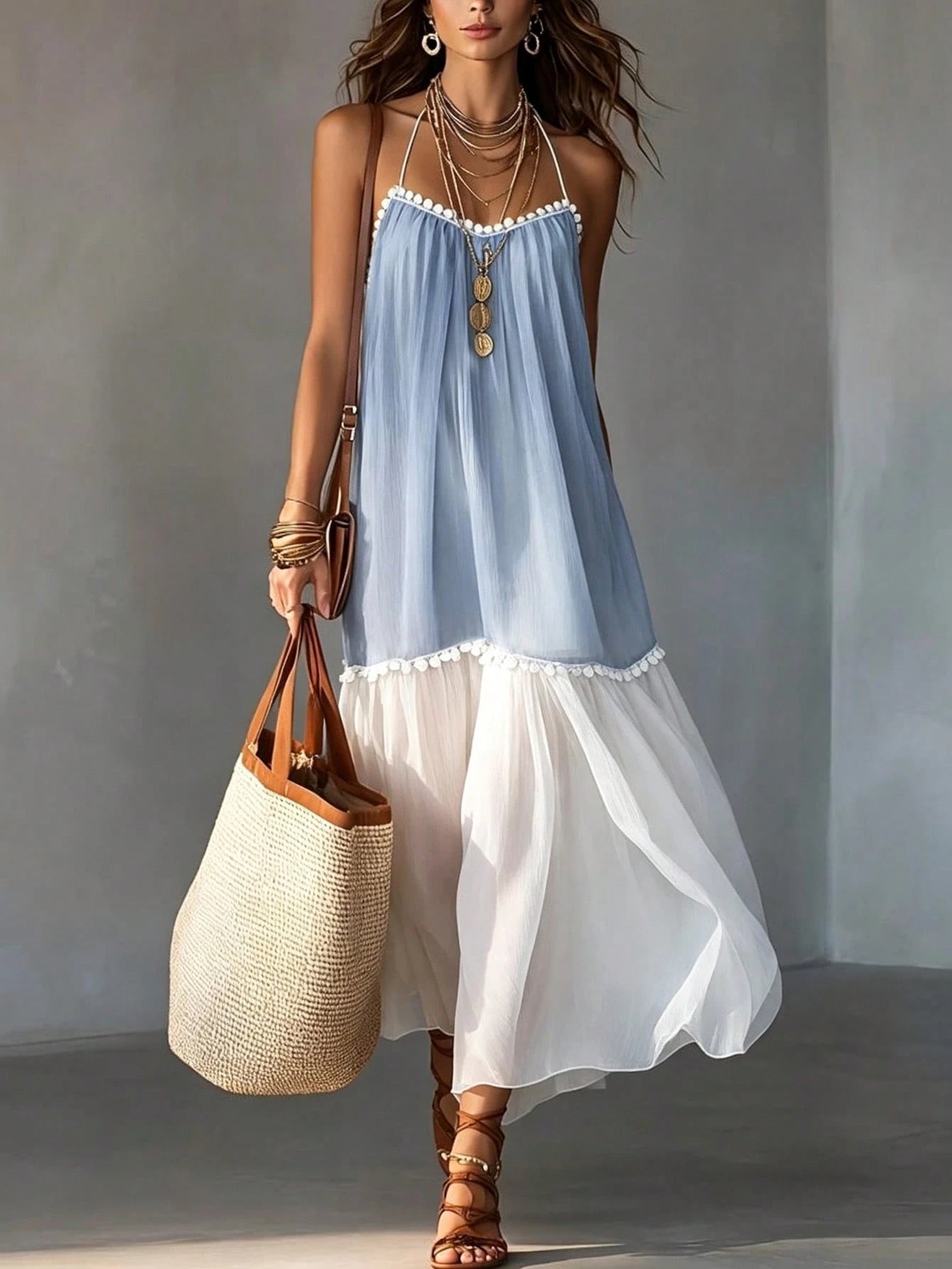 EMERY ROSE Women's Summer New Flowy Vacation Chiffon Patchwork Contrast Color Halter Neck V-Neck Ruffle Patchwork Backless Dress