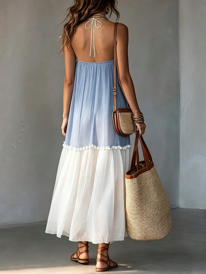 EMERY ROSE Women's Summer New Flowy Vacation Chiffon Patchwork Contrast Color Halter Neck V-Neck Ruffle Patchwork Backless Dress