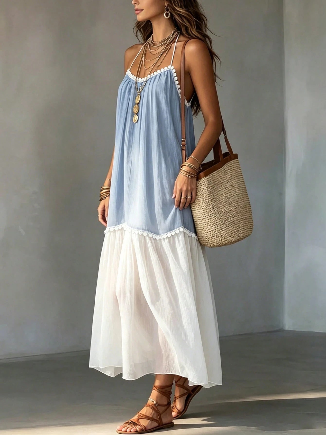 EMERY ROSE Women's Summer New Flowy Vacation Chiffon Patchwork Contrast Color Halter Neck V-Neck Ruffle Patchwork Backless Dress