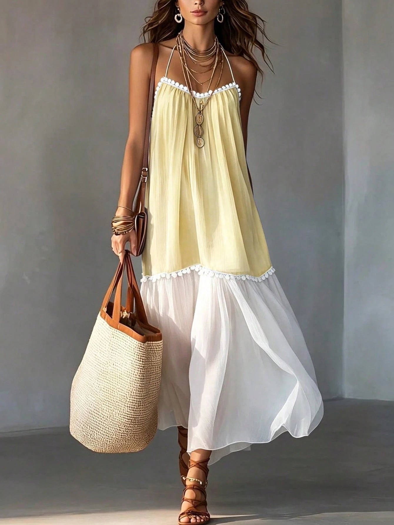 EMERY ROSE Women's Summer New Flowy Vacation Chiffon Patchwork Contrast Color Halter Neck V-Neck Ruffle Patchwork Backless Dress