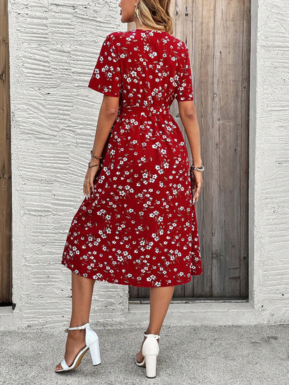 EMERY ROSE Women V-Neck Short Sleeve Floral Print Casual Dress Valentine's Day Dress Red Dress