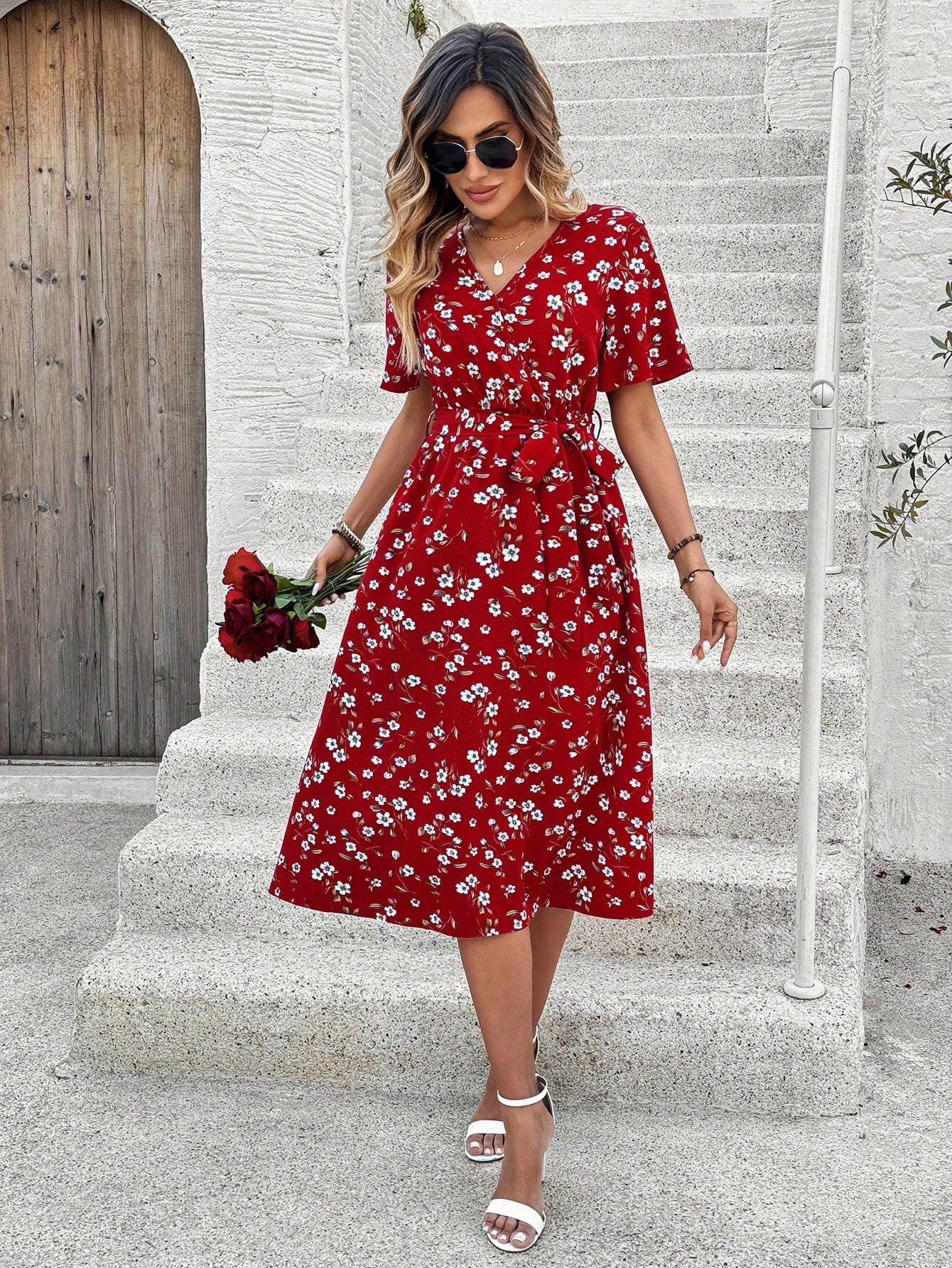 EMERY ROSE Women V-Neck Short Sleeve Floral Print Casual Dress Valentine's Day Dress Red Dress