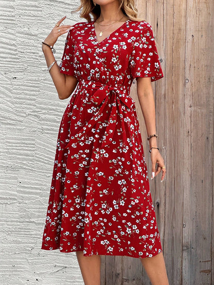 EMERY ROSE Women V-Neck Short Sleeve Floral Print Casual Dress Valentine's Day Dress Red Dress