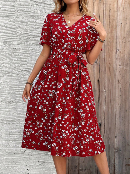 EMERY ROSE Women V-Neck Short Sleeve Floral Print Casual Dress Valentine's Day Dress Red Dress