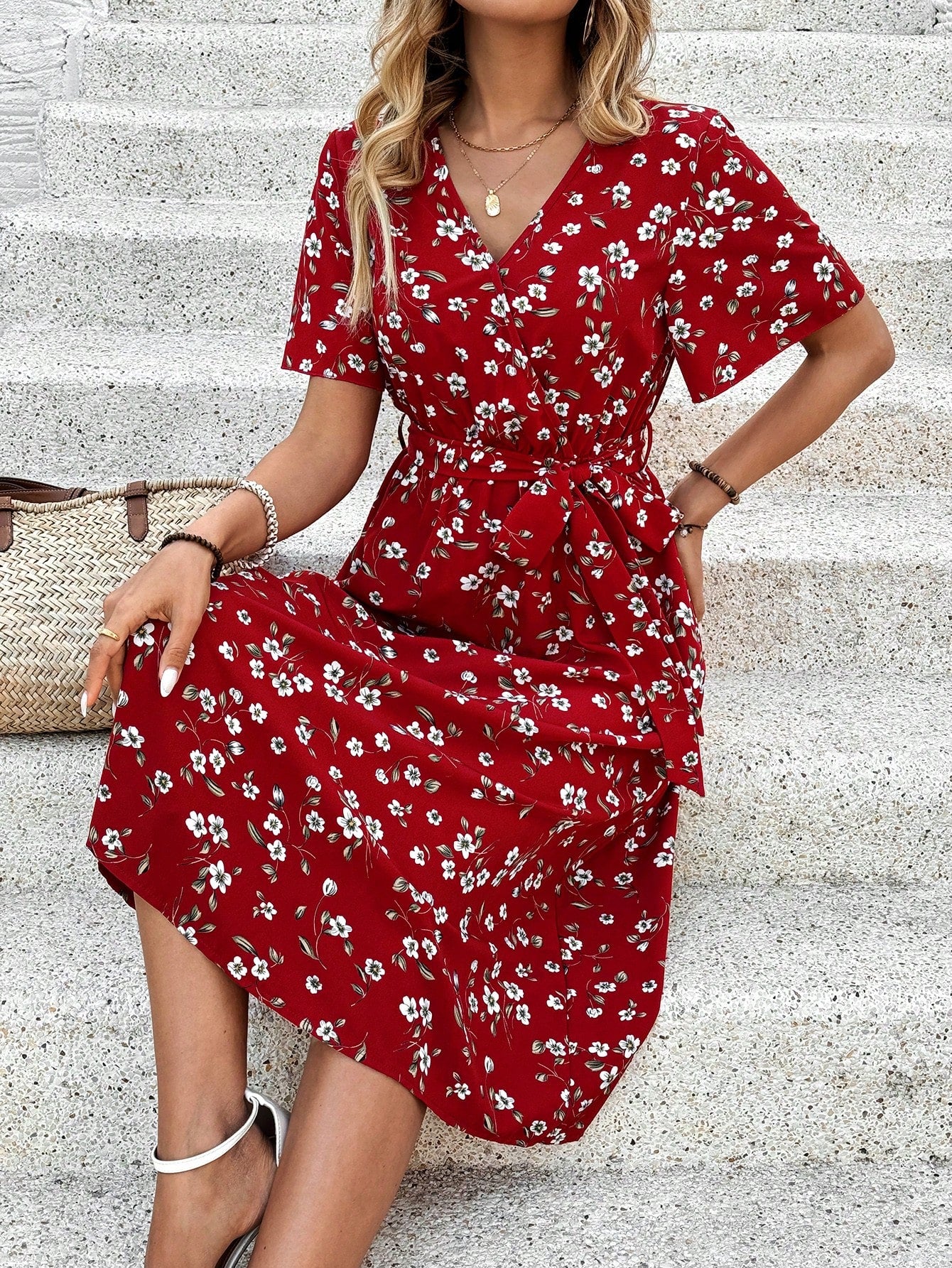 EMERY ROSE Women V-Neck Short Sleeve Floral Print Casual Dress Valentine's Day Dress Red Dress