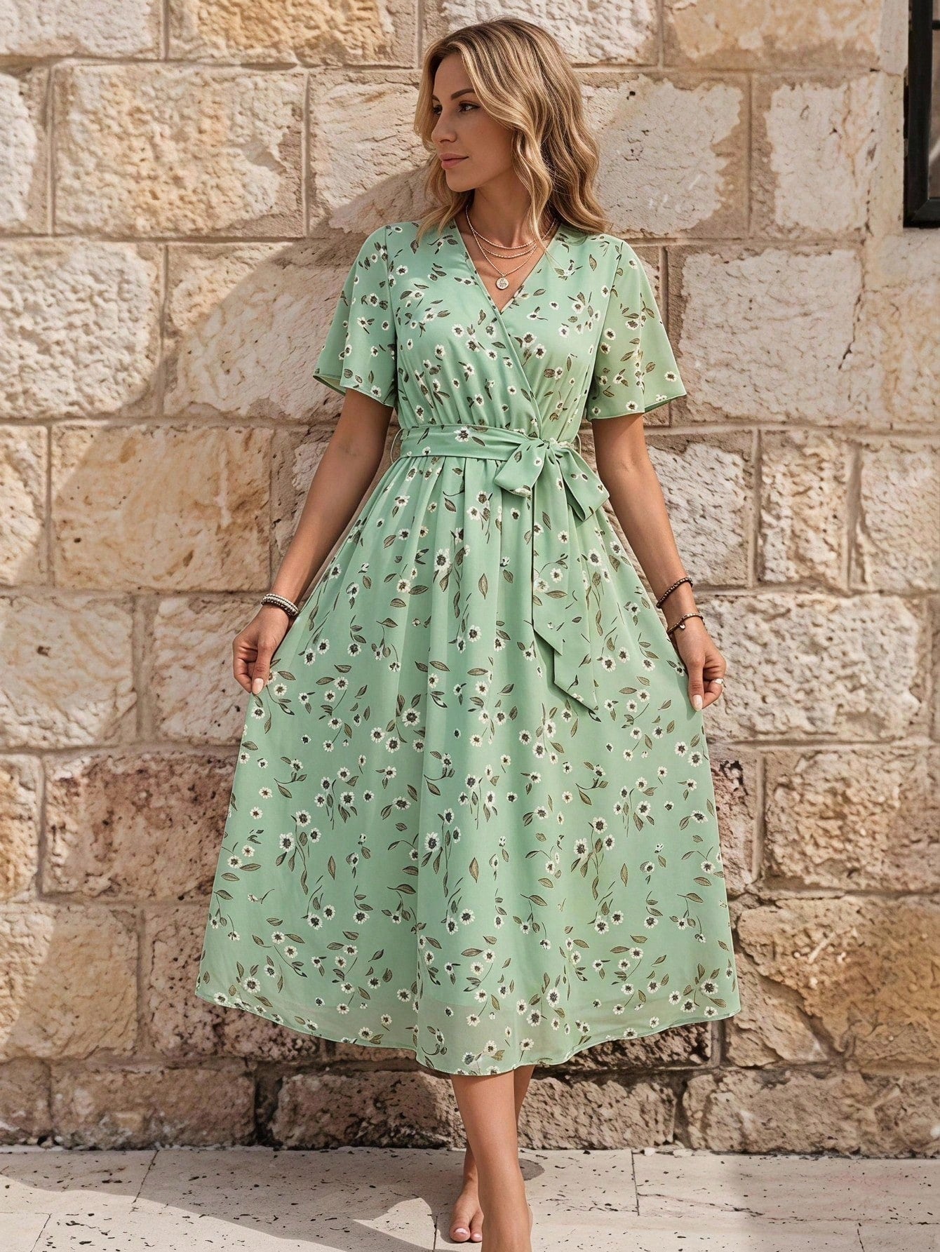 EMERY ROSE Women V-Neck Short Sleeve Floral Print Casual Dress Valentine's Day Dress Red Dress