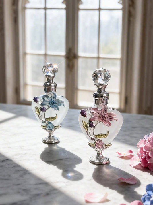 Enamel Peach Heart Bottle 10ml Beautiful Vintage Orchid Pattern Decorative Perfume Bottle, Refillable Perfume Container Bottle, Holiday Travel Perfume And Essential Oil Dropper Bottle, Perfect Gift Fo