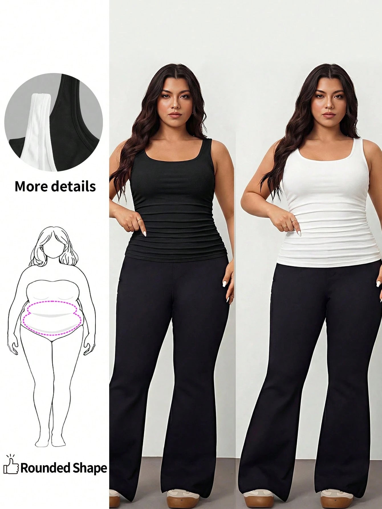 Enliva 2pcs Plus Size Women Vacation Casual Black & White Ruched Waist Tight Fitting Tank Tops, Suitable For Daily Wear, Versatile, Y2K Style Curvy Tops Tight Tank Tops Fitted Tops, For Apple And Roun