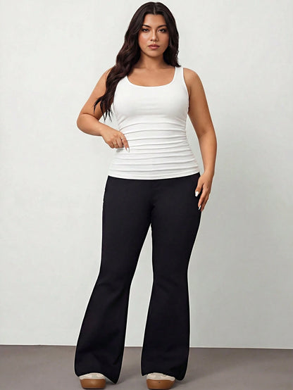 Enliva 2pcs Plus Size Women Vacation Casual Black & White Ruched Waist Tight Fitting Tank Tops, Suitable For Daily Wear, Versatile, Y2K Style Curvy Tops Tight Tank Tops Fitted Tops, For Apple And Roun