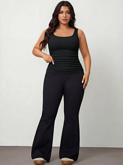 Enliva 2pcs Plus Size Women Vacation Casual Black & White Ruched Waist Tight Fitting Tank Tops, Suitable For Daily Wear, Versatile, Y2K Style Curvy Tops Tight Tank Tops Fitted Tops, For Apple And Roun