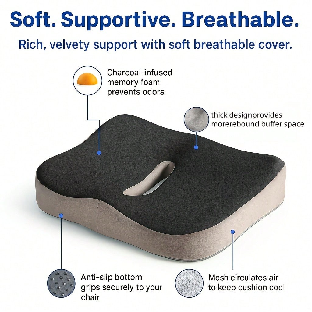 Ergonomic Memory Foam Tailbone Pad- Office Chair Support, Washable, Mixed Color (Light Green With Gray Border), Wheelchair, Car Seat And Tilt Comfortable Contour Design, Car Seat Comfort| Ergonomic